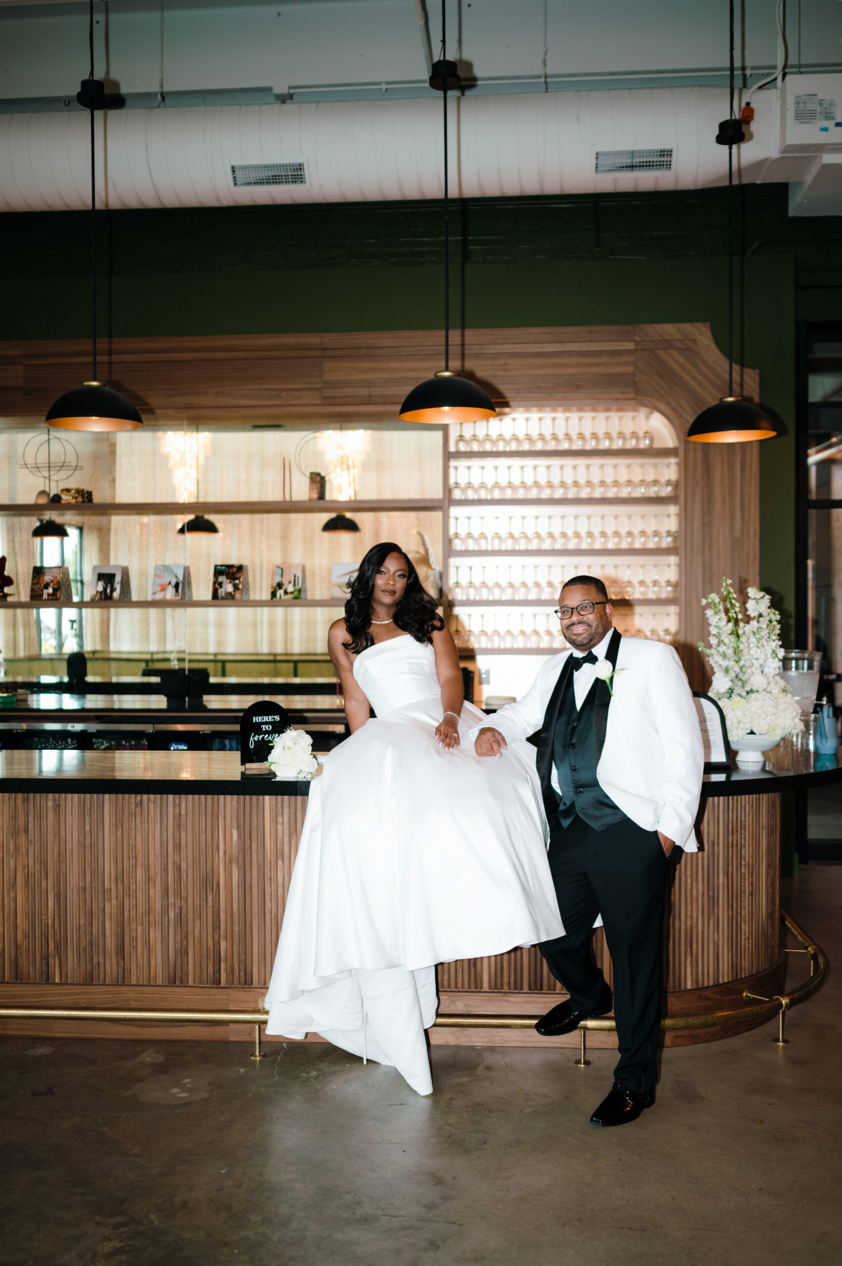 Bride and groom portrait at the bar, The Casey wedding venue, Charlotte NC